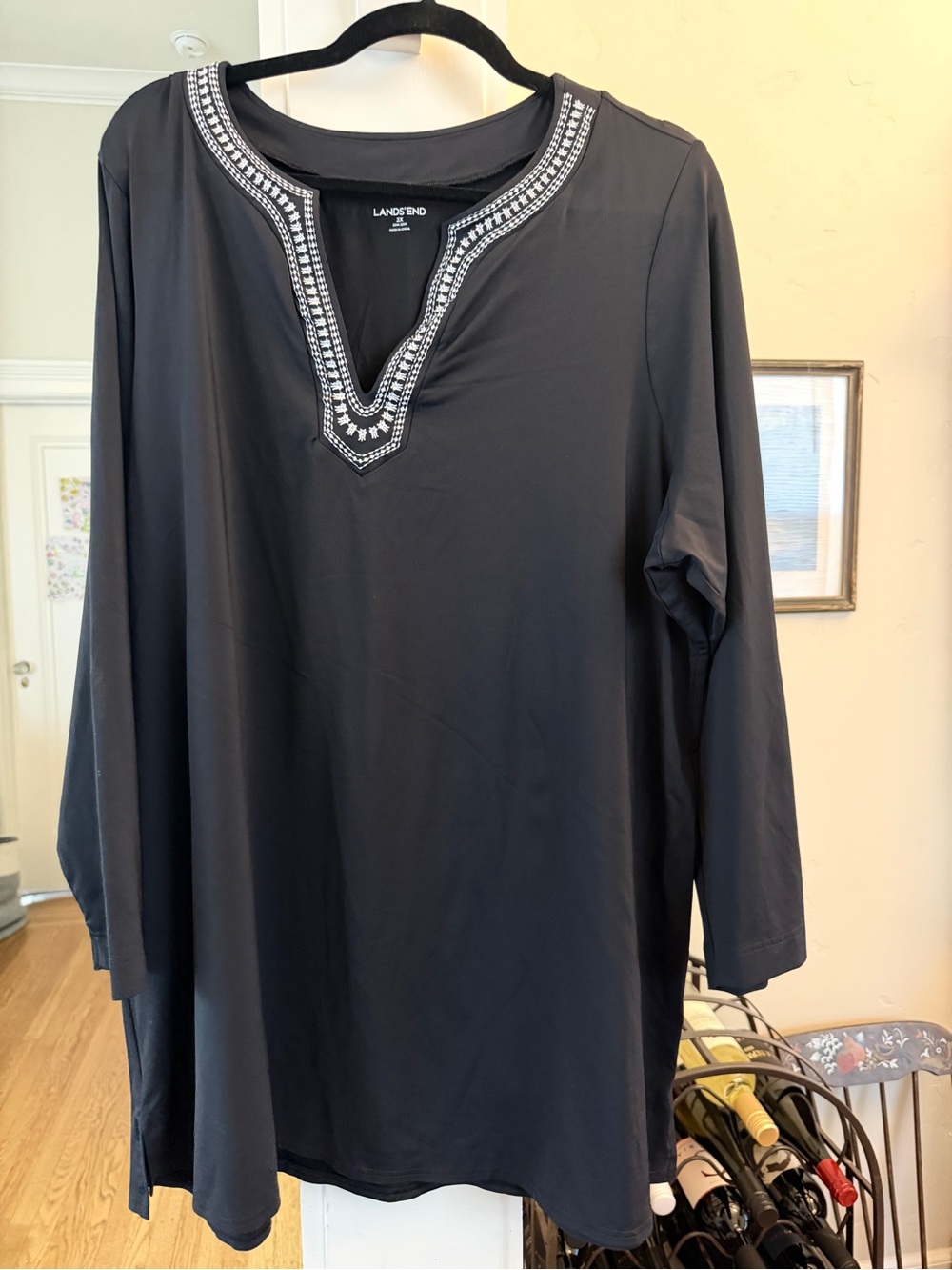 Lands' End Black Tunic with White Embroidered V-Neck Trim
